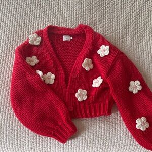 Vibrant Red Floral Knit Cardigan